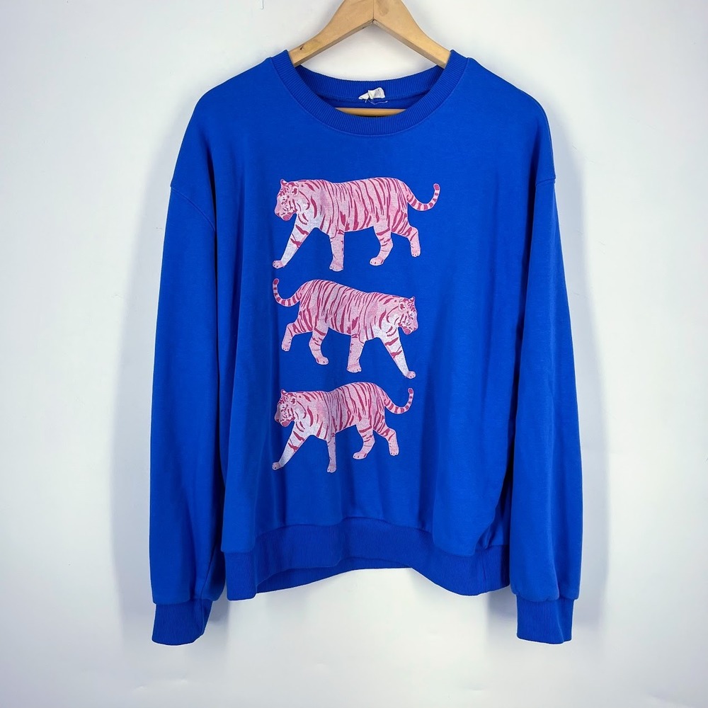 12PM Womens Blue Pink Tiger Graphic Crewneck Sweatshirt Large Relaxed Fit